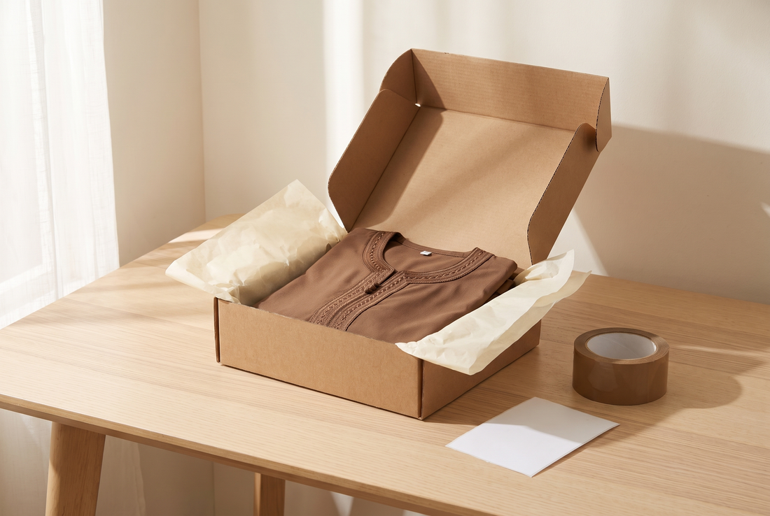 Qamis marocain marron replié dans son carton de retour, sur une table claire