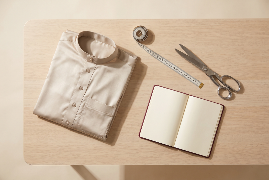 Mètre ruban posé sur un qamis satiné beige plié, guide des tailles Zein