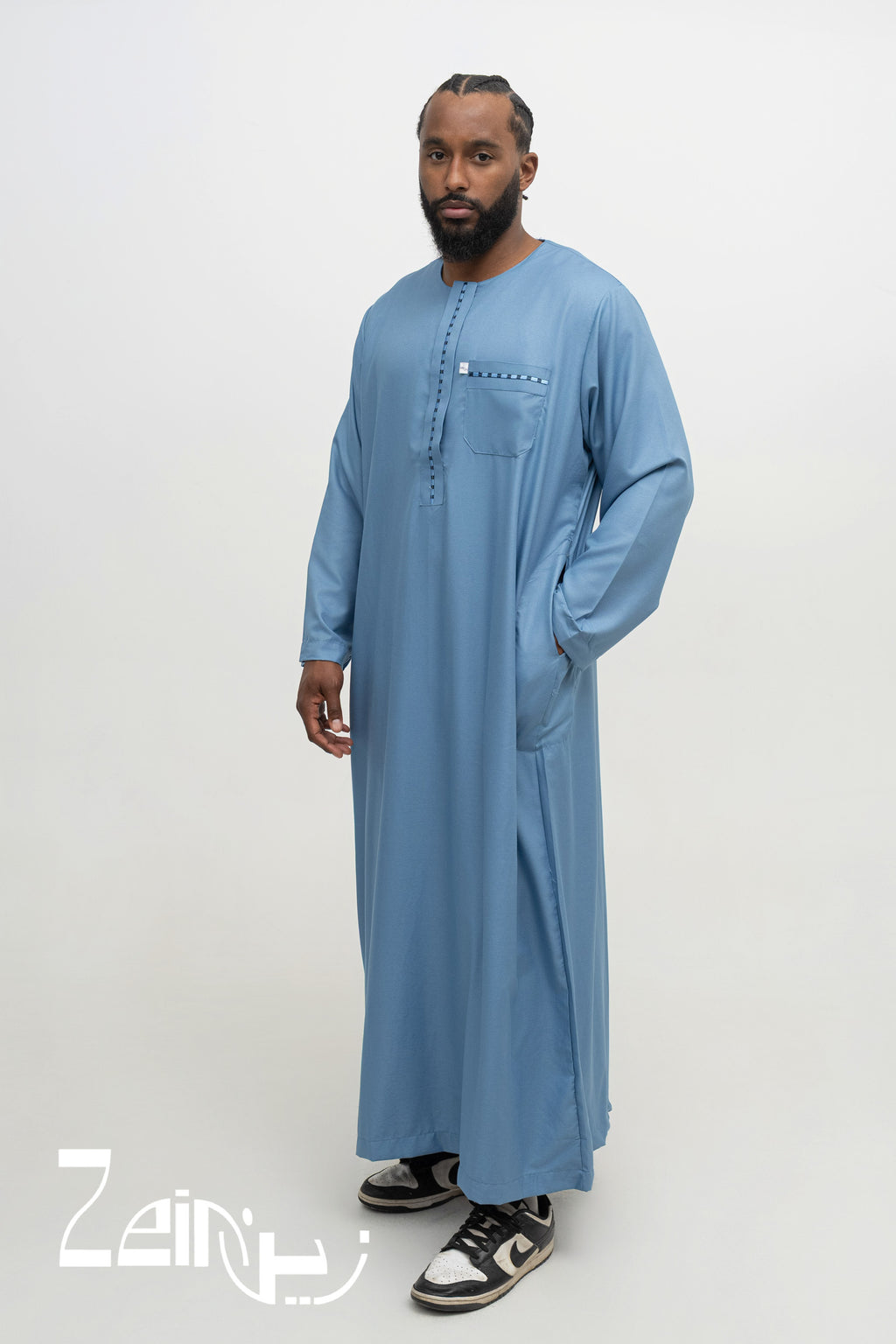 Qamis moderne Harun bleu pour homme, manches longues et pantalon assorti