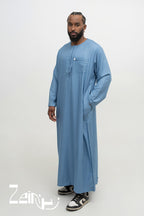 Qamis moderne Harun bleu pour homme, manches longues et pantalon assorti