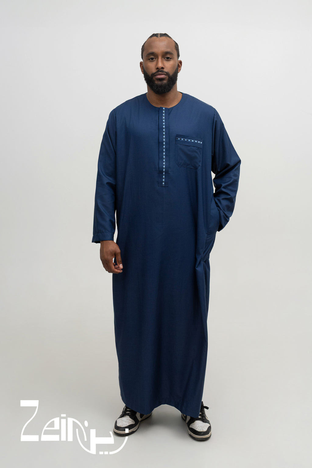 Qamis moderne Harun bleu marine pour homme, manches longues et pantalon assorti
