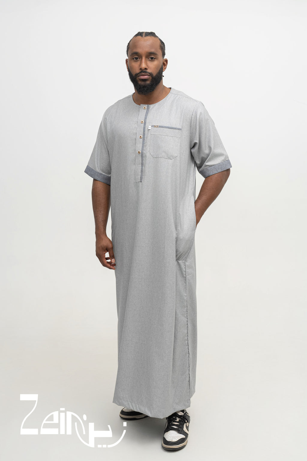 Qamis moderne Issa gris pour homme, manches courtes sans col