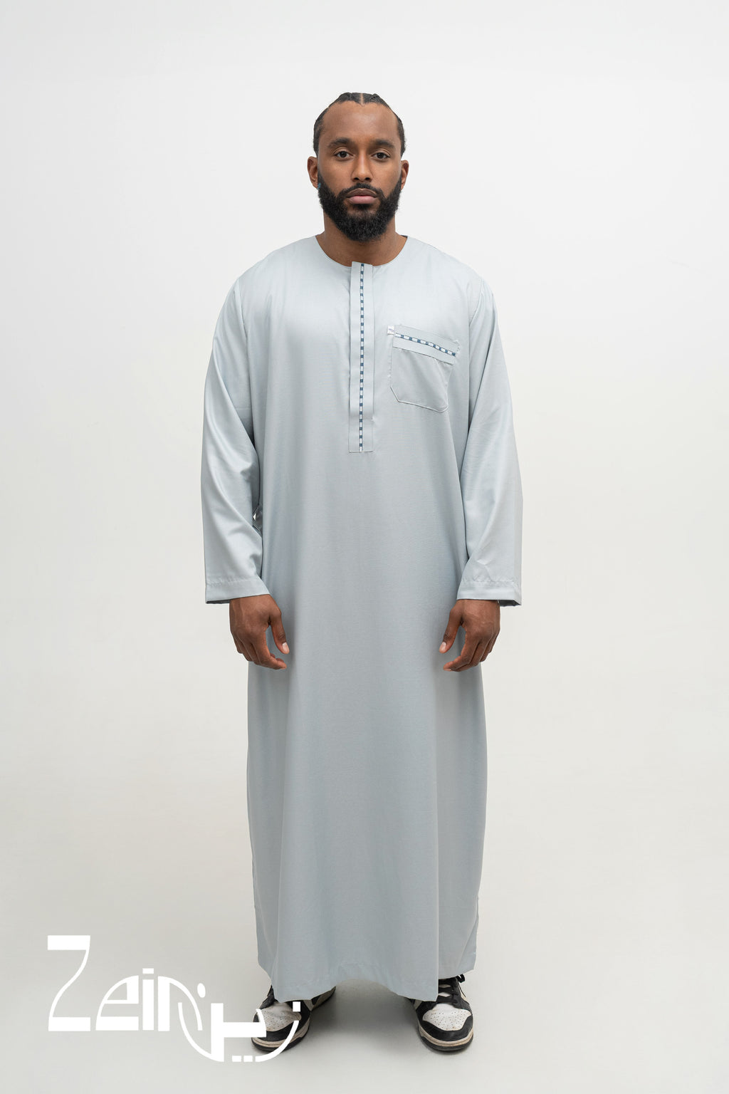 Qamis moderne Harun gris pour homme, manches longues et pantalon assorti