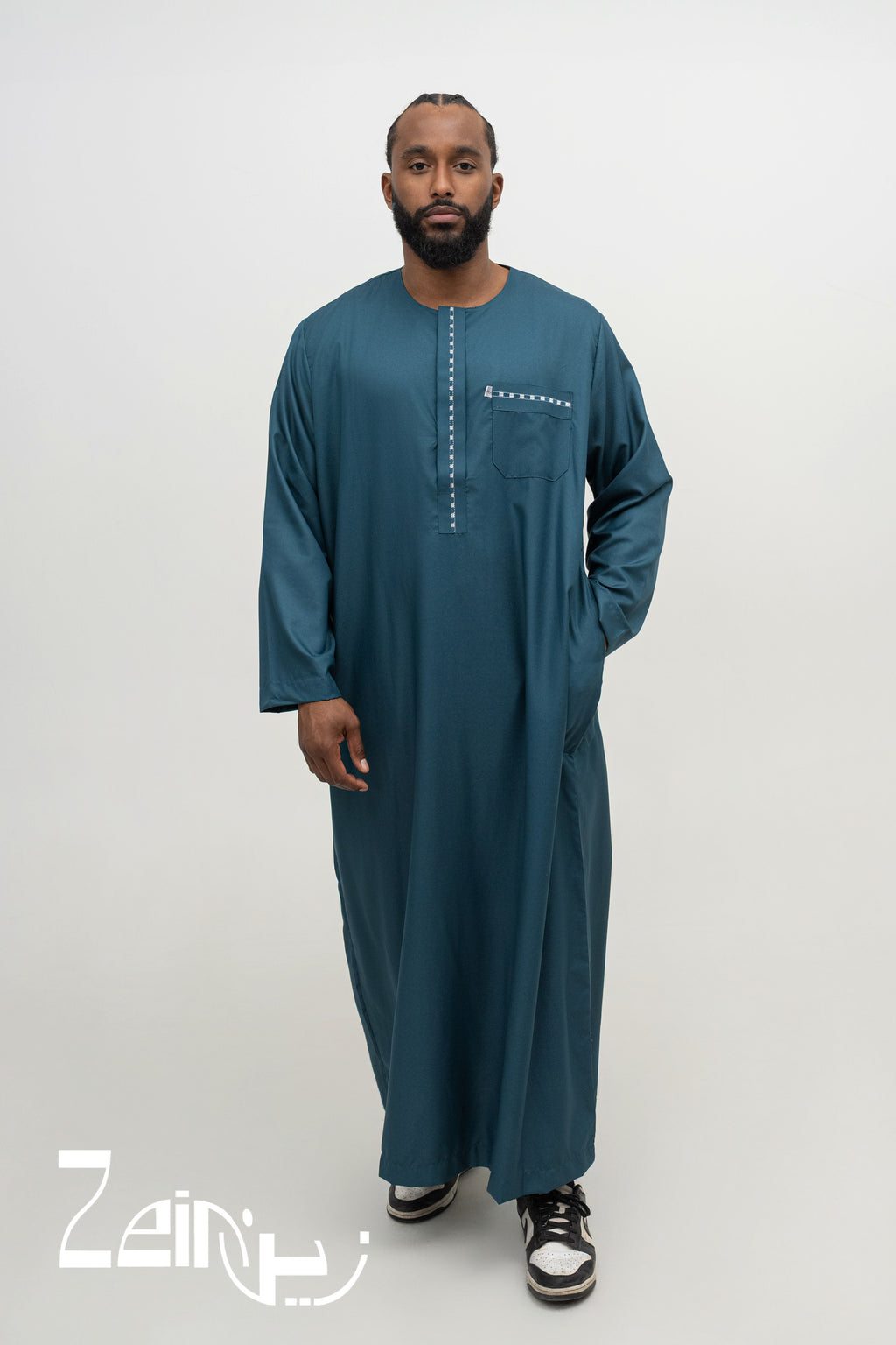 Qamis moderne Harun bleu canard pour homme, manches longues et pantalon assorti