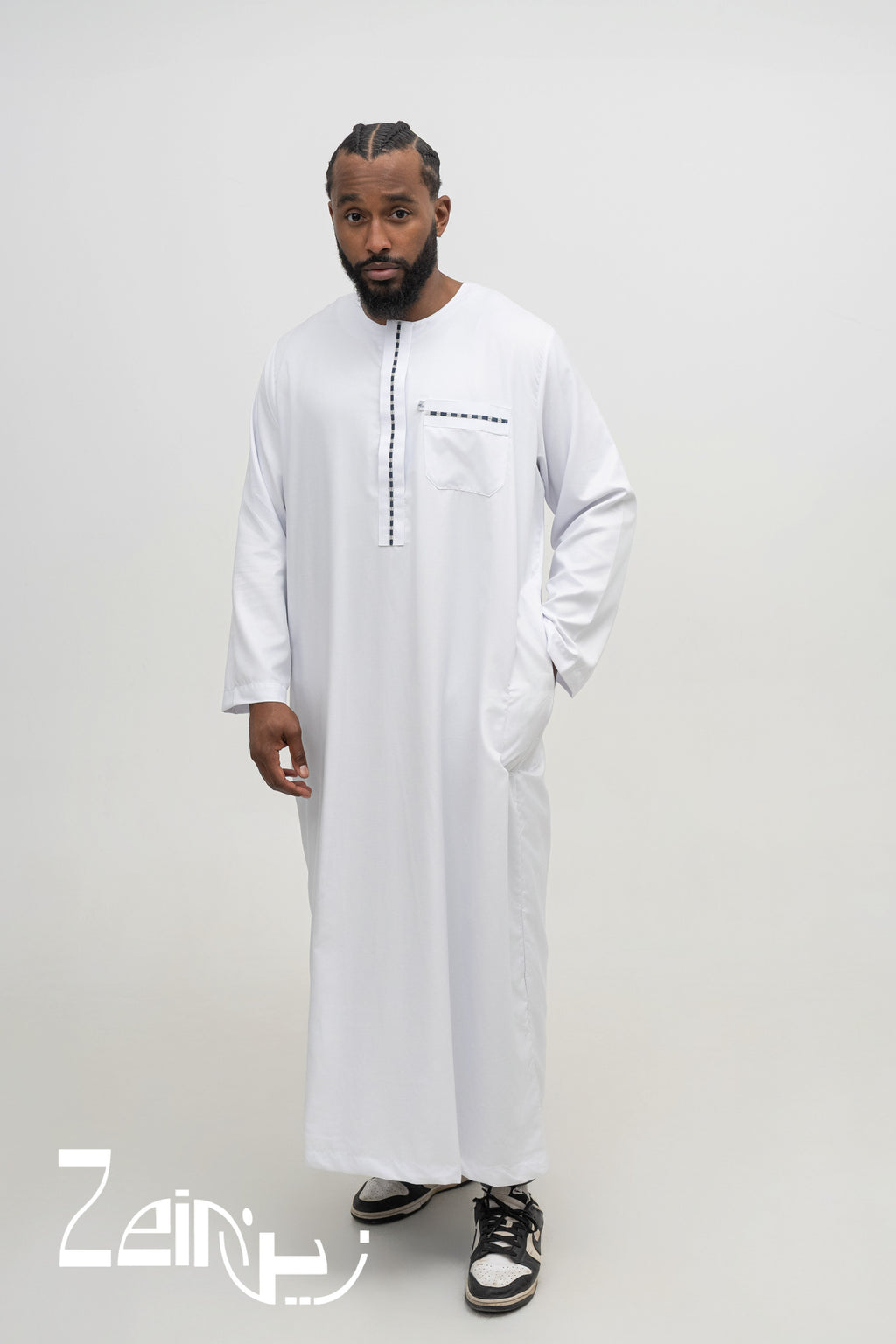 Qamis moderne Harun blanc pour homme, manches longues et pantalon assorti