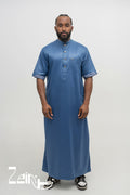 Qamis saoudien satiné Musa bleu marine pour homme, manches courtes et col mao