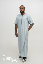 Qamis moderne Issa bleu pastel pour homme, manches courtes sans col