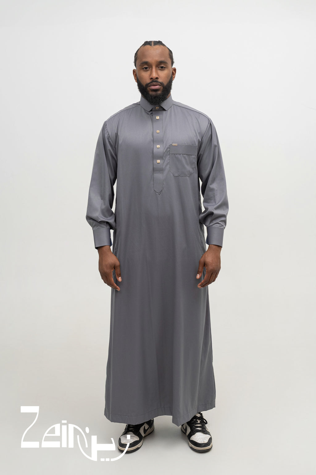 Qamis grande taille Adam gris, qatari satiné col mao