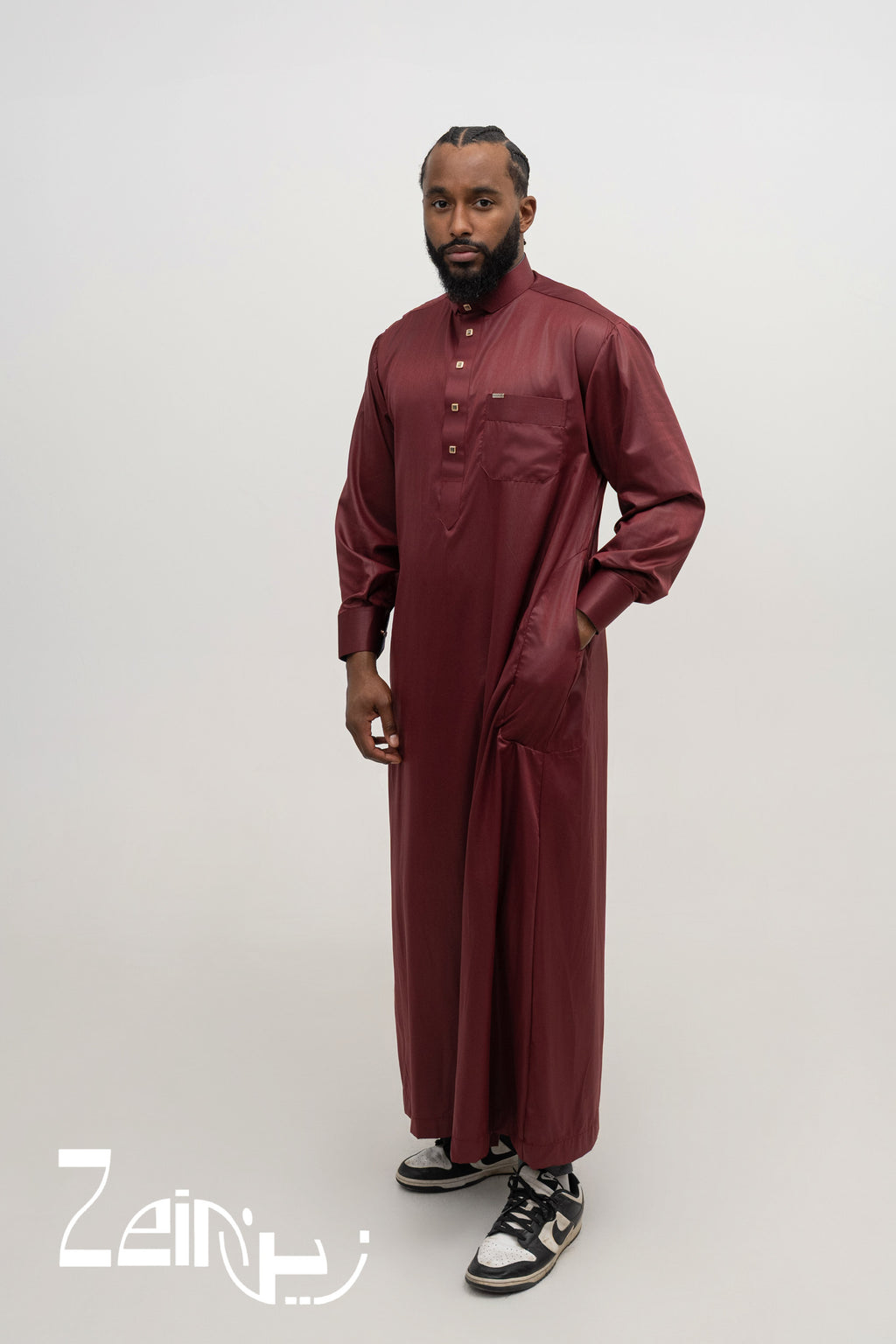 Qamis grande taille Adam bordeaux, qatari satiné col mao