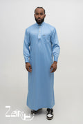 Qamis qatari satiné Adam bleu clair pour homme, col mao et pantalon assorti