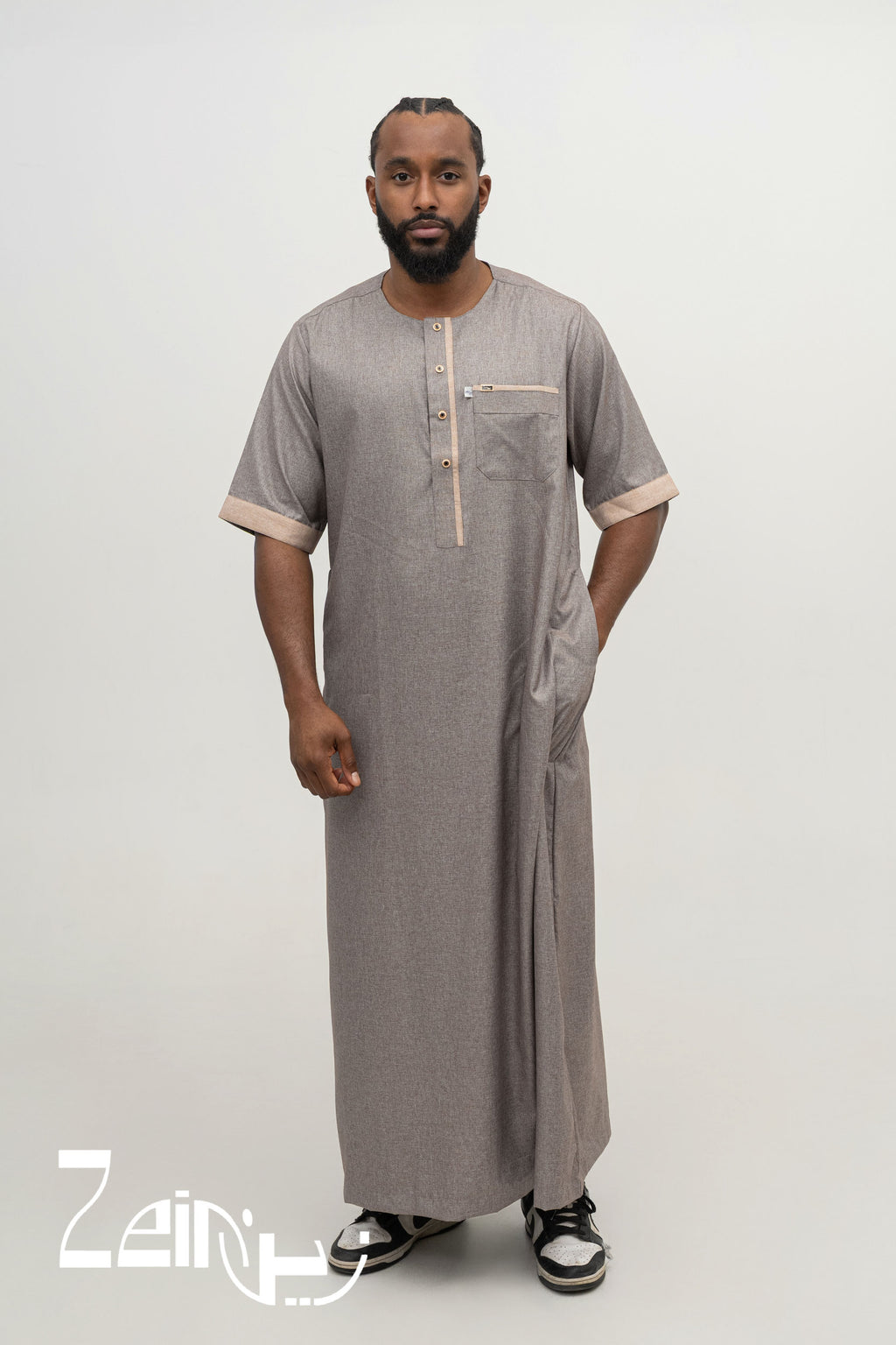 Qamis moderne Issa marron pour homme, manches courtes sans col