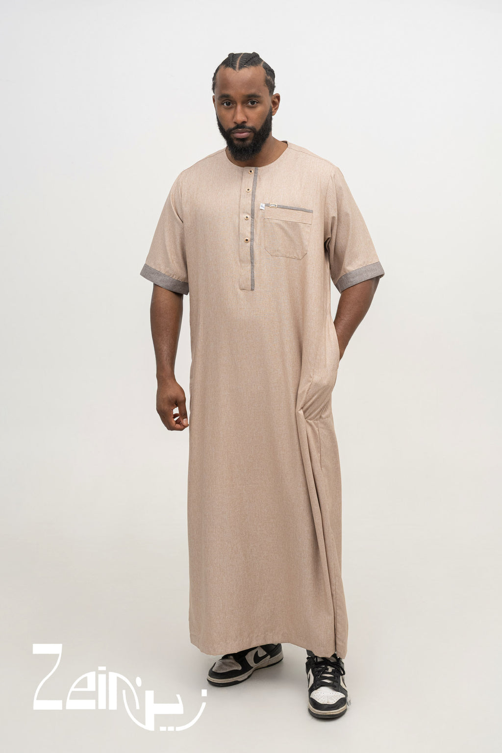 Qamis moderne Issa beige pour homme, manches courtes sans col