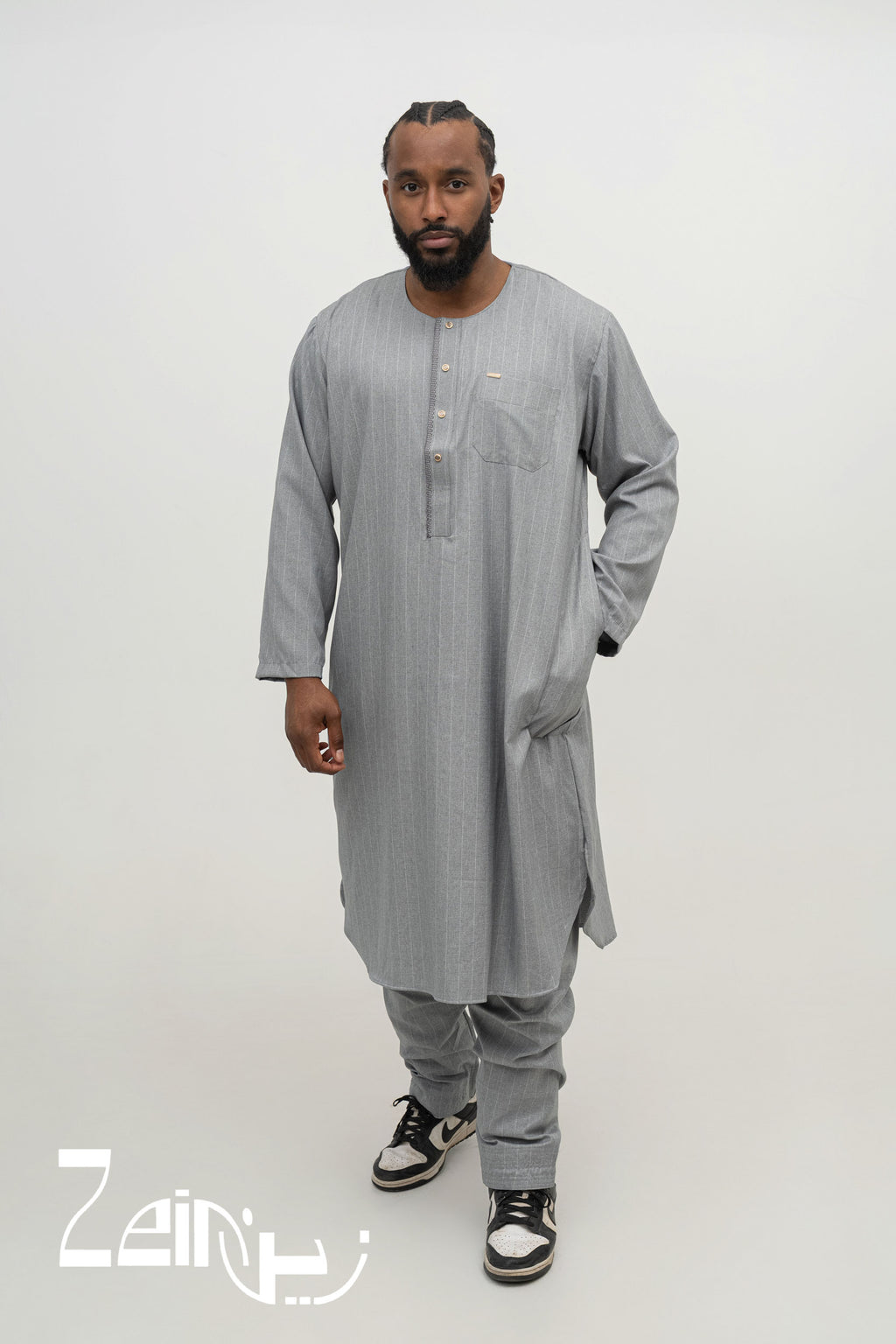 Qamis pakistanais Zakariya gris foncé pour homme, manches longues et pantalon assorti