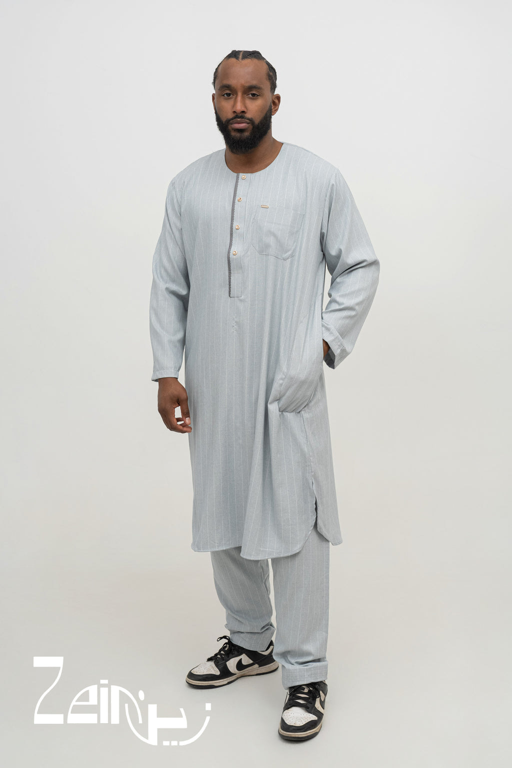 Qamis pakistanais Zakariya gris pour homme, manches longues et pantalon assorti
