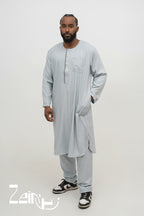 Qamis pakistanais Zakariya gris pour homme, manches longues et pantalon assorti