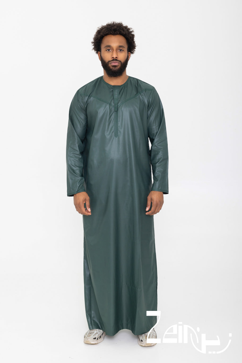 Qamis omani satiné Ayoub vert pour homme, col rond et pantalon assorti
