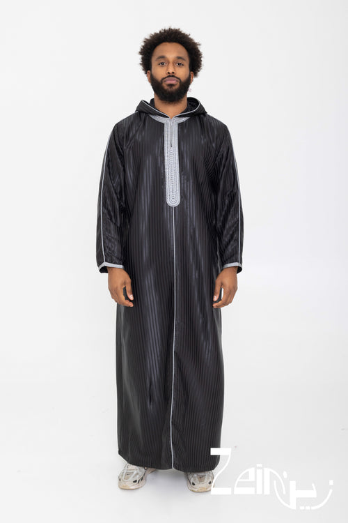 Djellaba homme Fares noire, capuche pointue et manches longues