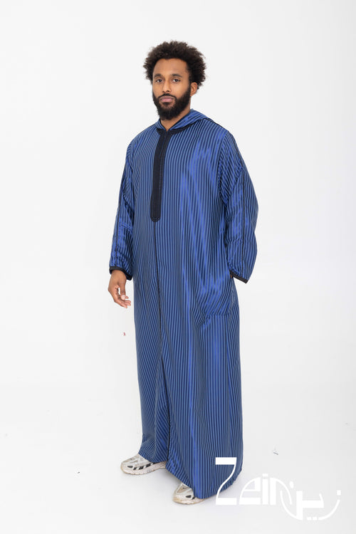 Djellaba homme Fares bleue, capuche pointue et manches longues