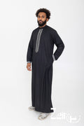 Qamis moderne Mehdi noir pour homme, brodé avec pantalon assorti