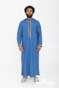 Qamis moderne Mehdi bleu marine pour homme, brodé avec pantalon assorti