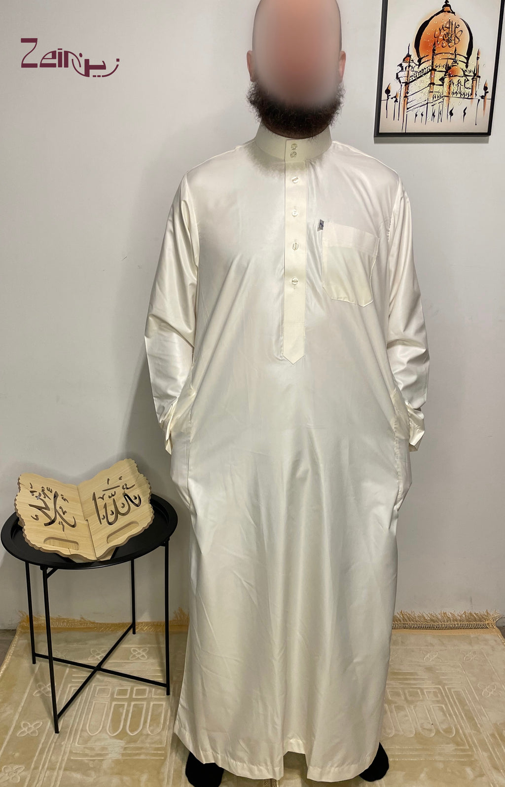 Qamis saoudien Yacoub blanc cassé pour homme, col mao et poche poitrine