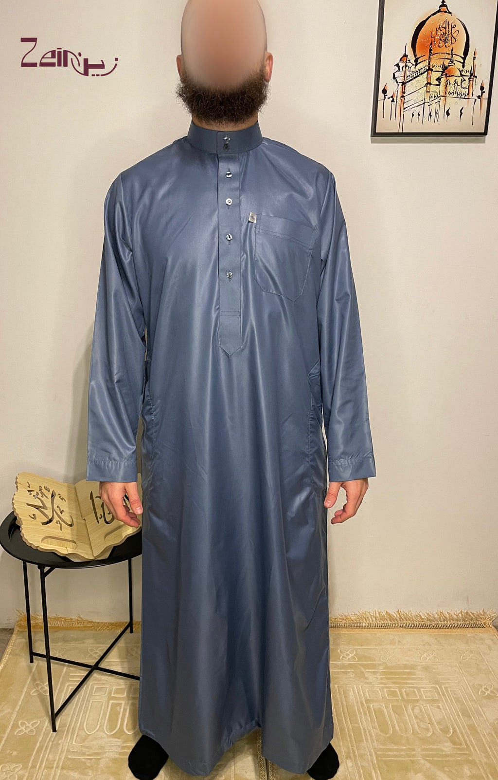 Qamis saoudien Yacoub bleu pour homme, col mao et poche poitrine