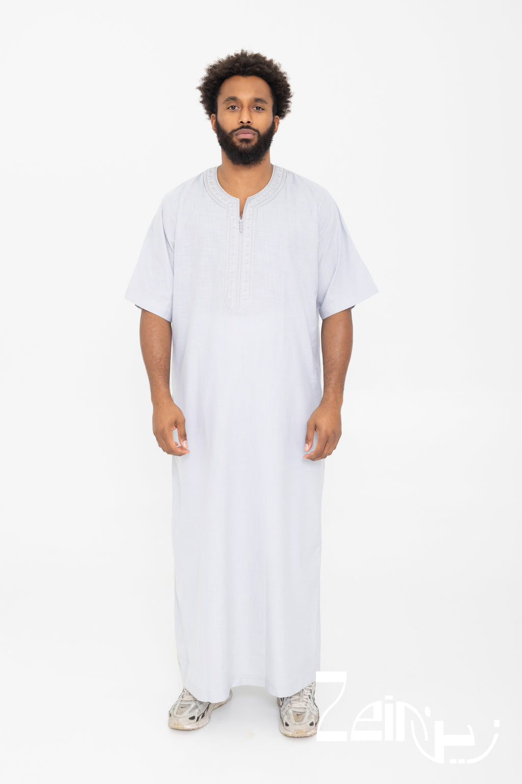Qamis marocain Issam gris pour homme, manches courtes et col rond