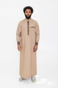 Qamis saoudien Saleh taupe pour homme, manches longues et col mao