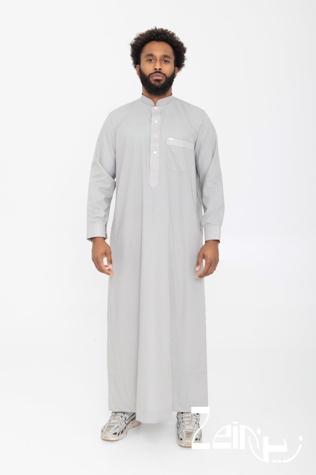 Qamis saoudien Saleh gris pour homme, manches longues et col mao