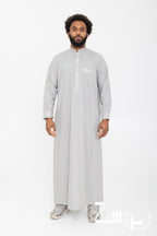 Qamis saoudien Saleh gris pour homme, manches longues et col mao