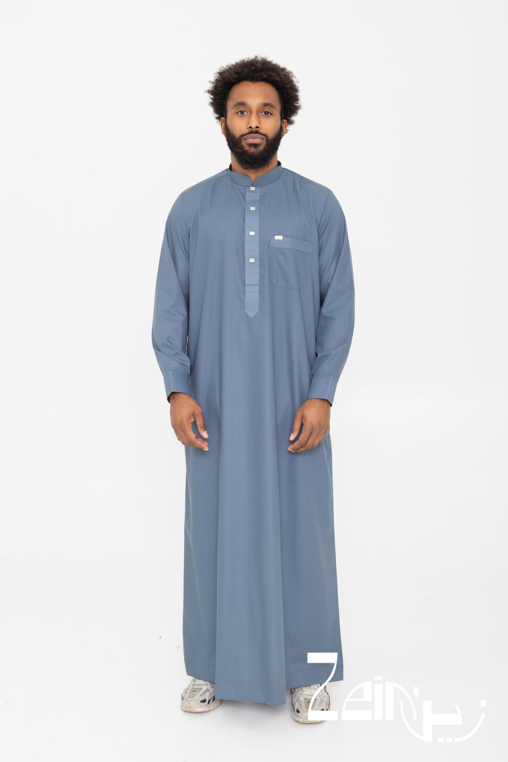 Qamis saoudien Saleh bleu marine pour homme, manches longues et col mao