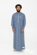 Qamis saoudien Saleh bleu marine pour homme, manches longues et col mao