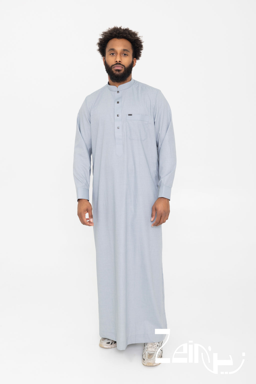 Qamis saoudien Saleh gris chiné pour homme, manches longues et col mao