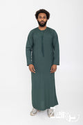 Qamis Omani Hamza vert pour homme, col rond et patte de boutonnage brodée
