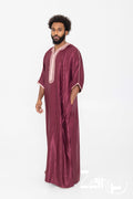 Qamis marocain satiné Jad rouge pour homme, manches courtes et col brodé