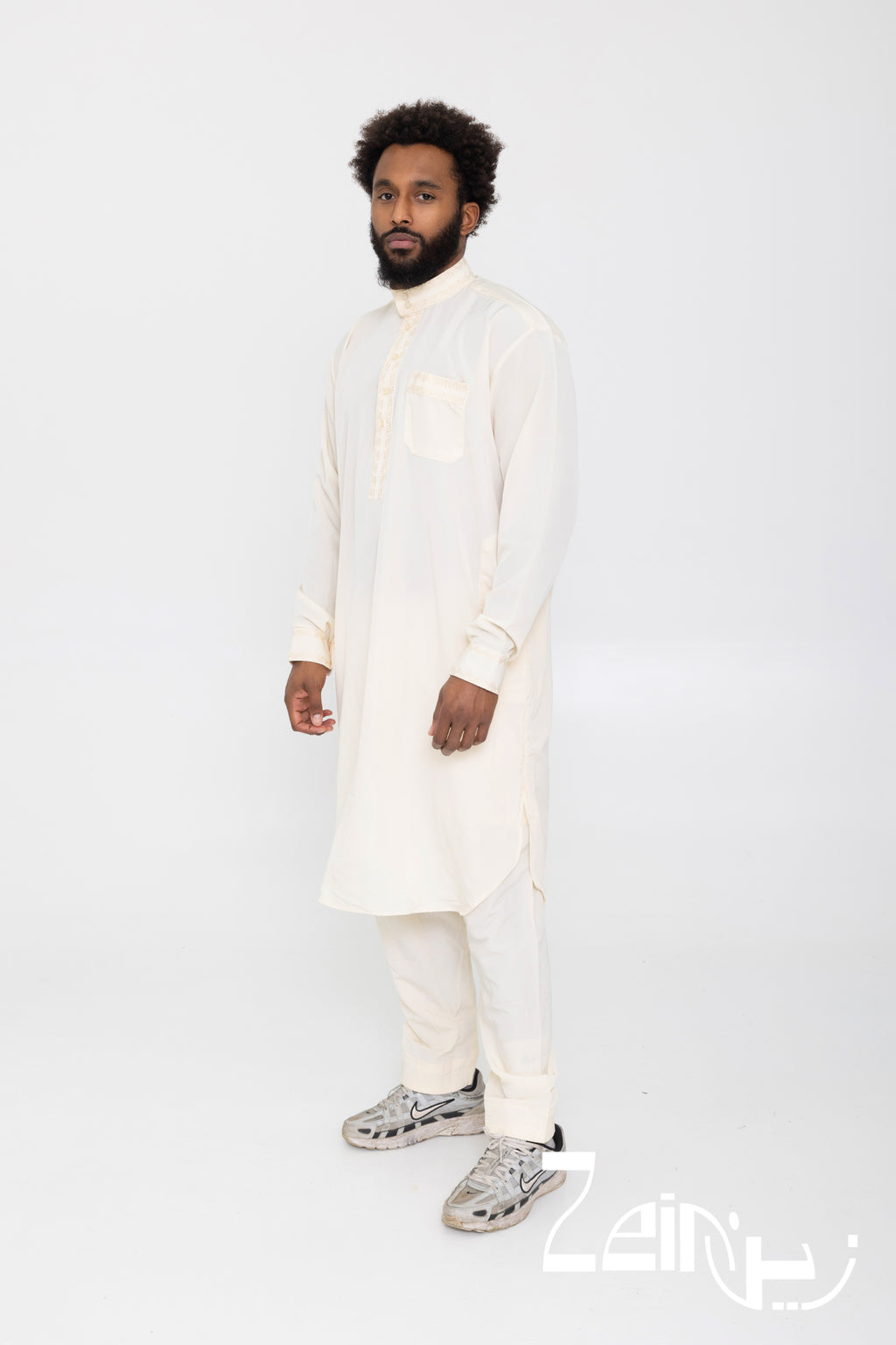 Qamis pakistanais Sofiane beige pour homme, manches longues avec col