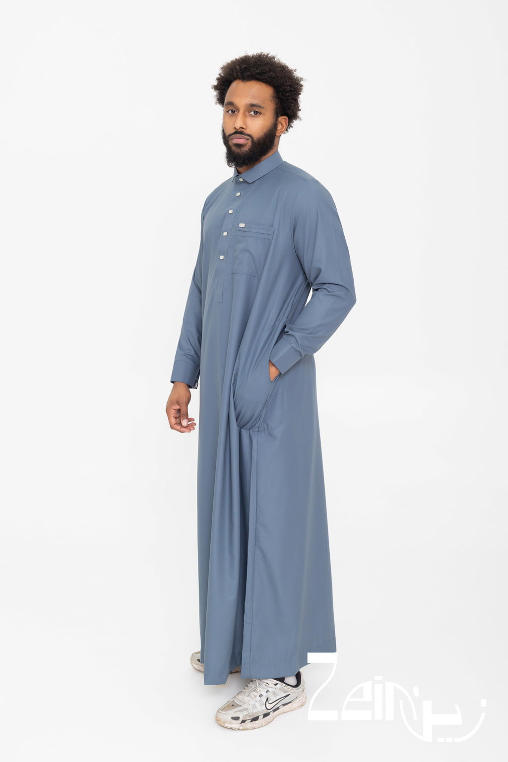 Qamis qatari Ahmed bleu marine pour homme, avec col et pantalon assorti