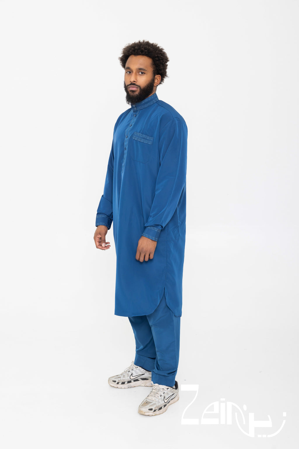 Qamis pakistanais Sofiane bleu pour homme, manches longues avec col