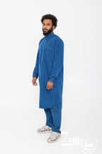 Qamis pakistanais Sofiane bleu pour homme, manches longues avec col