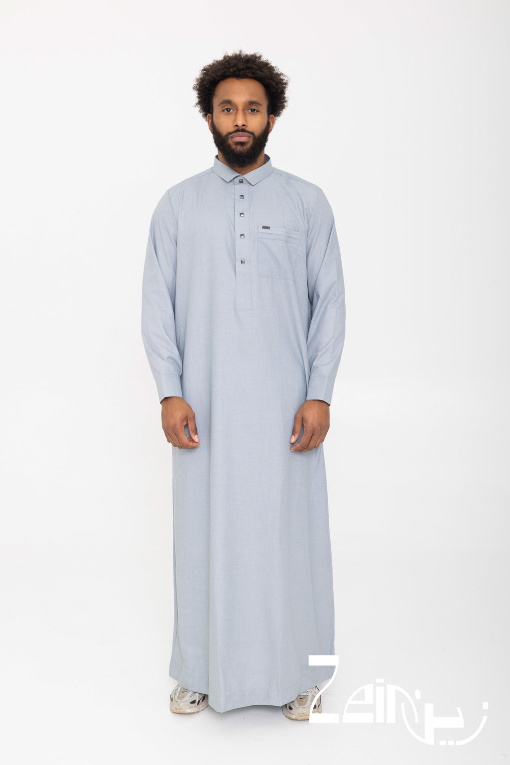 Qamis qatari Ahmed gris pour homme, avec col et pantalon assorti