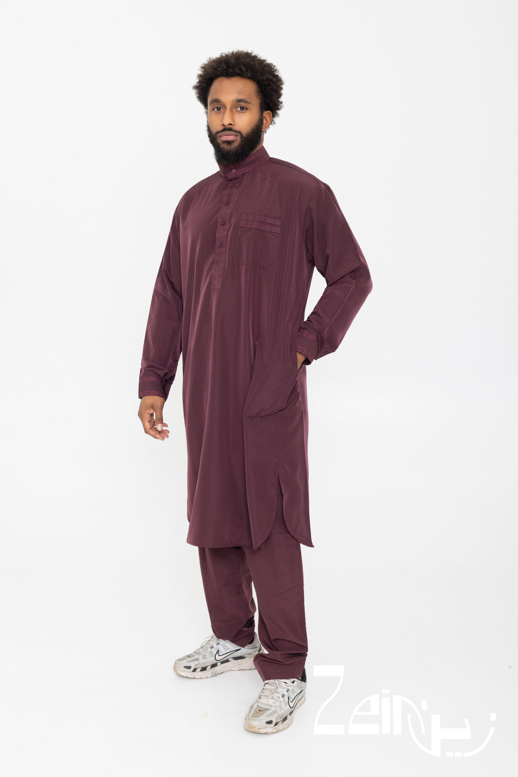 Qamis pakistanais Sofiane bordeaux pour homme, manches longues avec col
