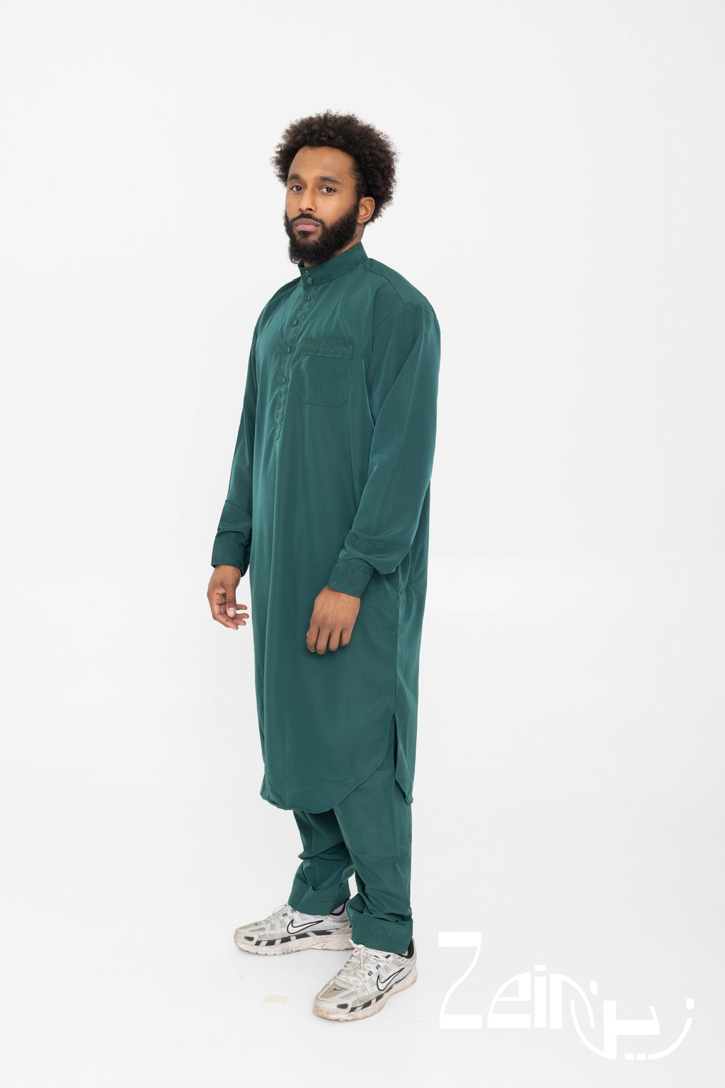 Qamis pakistanais Sofiane vert pour homme, manches longues avec col