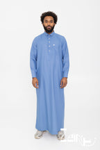 Qamis qatari Ahmed bleu pour homme, avec col et pantalon assorti
