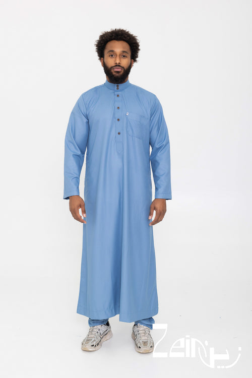 Qamis Tarek bleu pour homme, col montant et poche poitrine