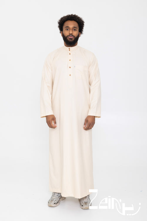 Qamis Tarek beige pour homme, col montant et poche poitrine