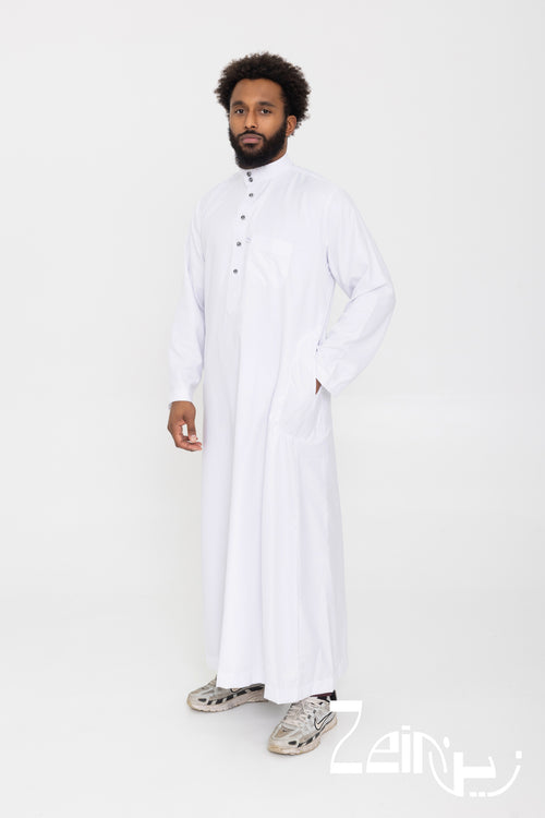 Qamis Tarek blanc pour homme, col montant et poche poitrine