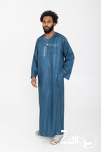 Qamis moderne Ali bleu pour homme, manches longues et pantalon assorti