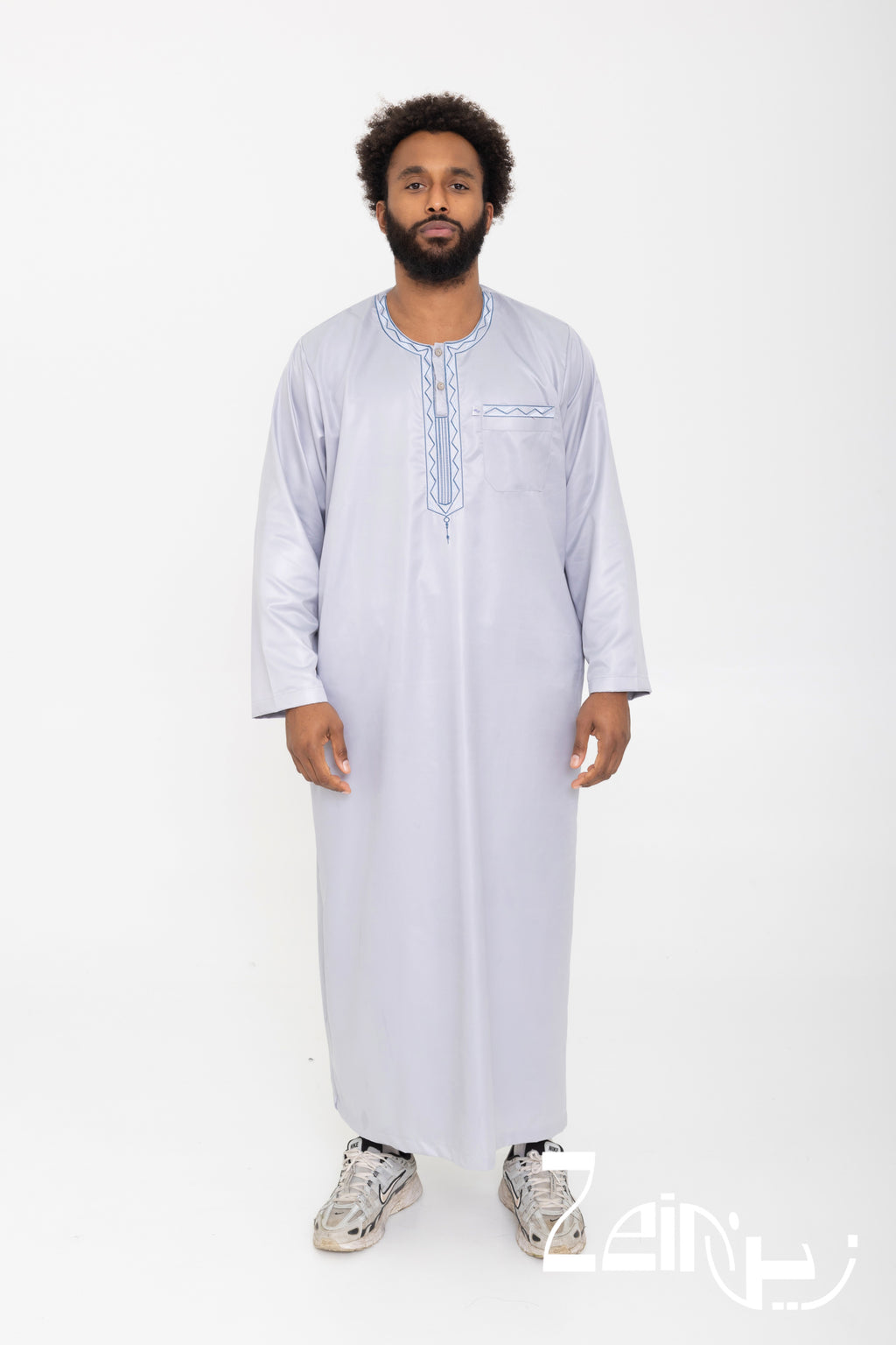 Qamis moderne Ali gris pour homme, manches longues et pantalon assorti