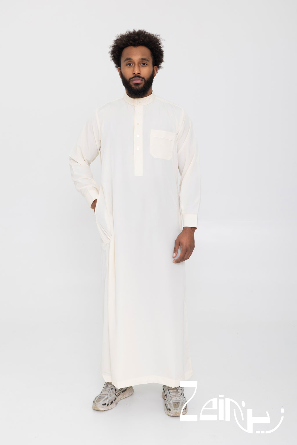 Qamis saoudien Ammar beige pour homme, avec col et pantalon assorti