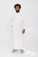 Qamis saoudien Ammar beige pour homme, avec col et pantalon assorti